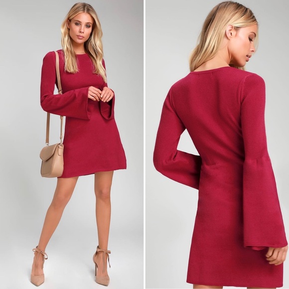 🎄RED BELL SLEEVE SWEATER DRESS - Picture 2 of 3
